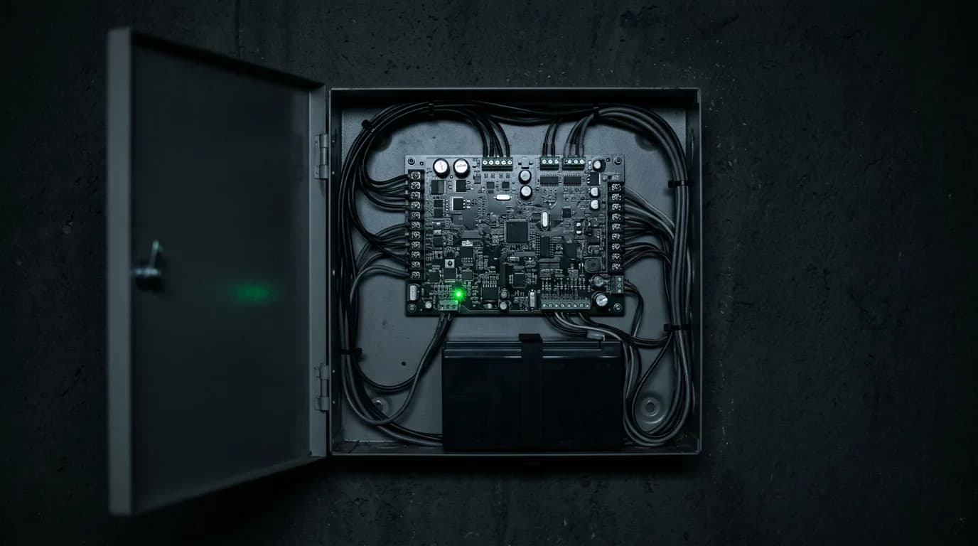 An alarm control panel mounted in a garage, cabling run tidily to the board