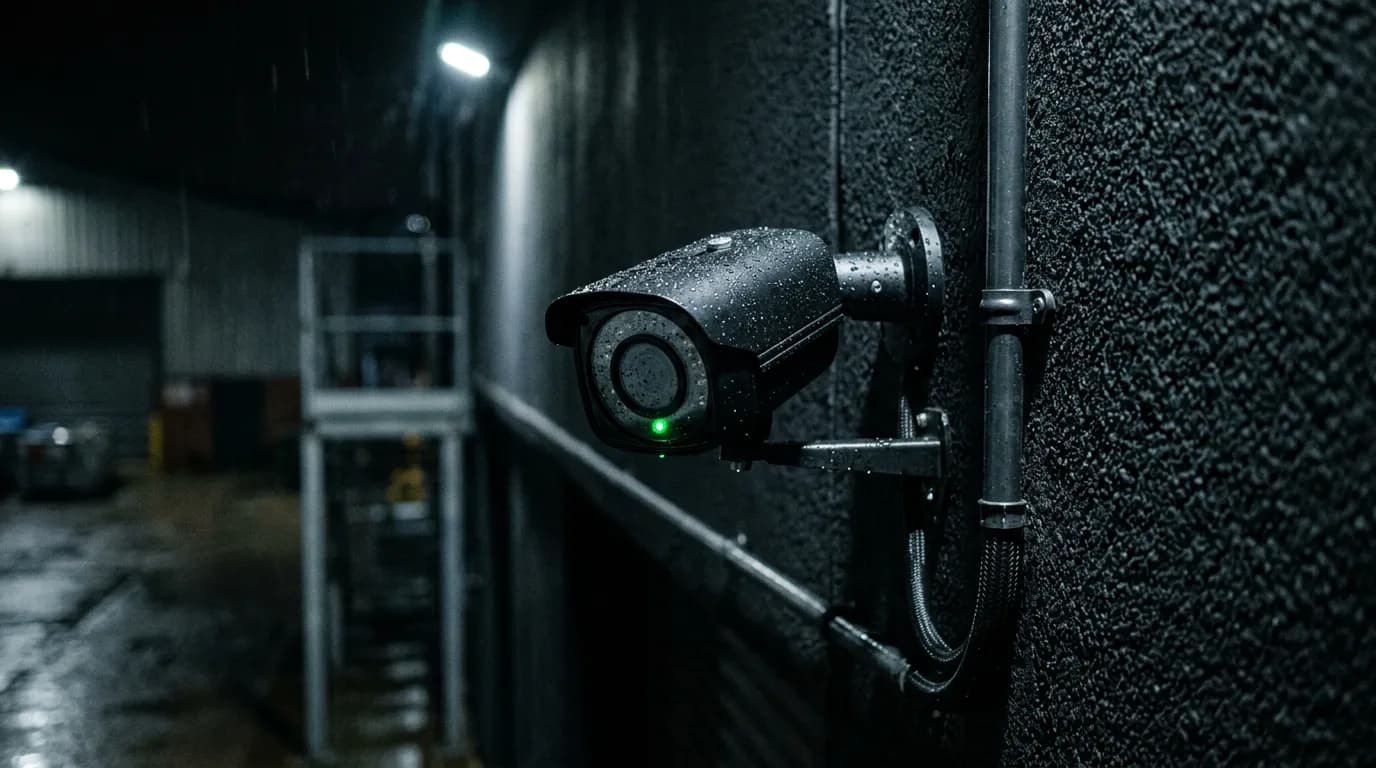 A bullet CCTV camera mounted on the wall of a commercial building at night