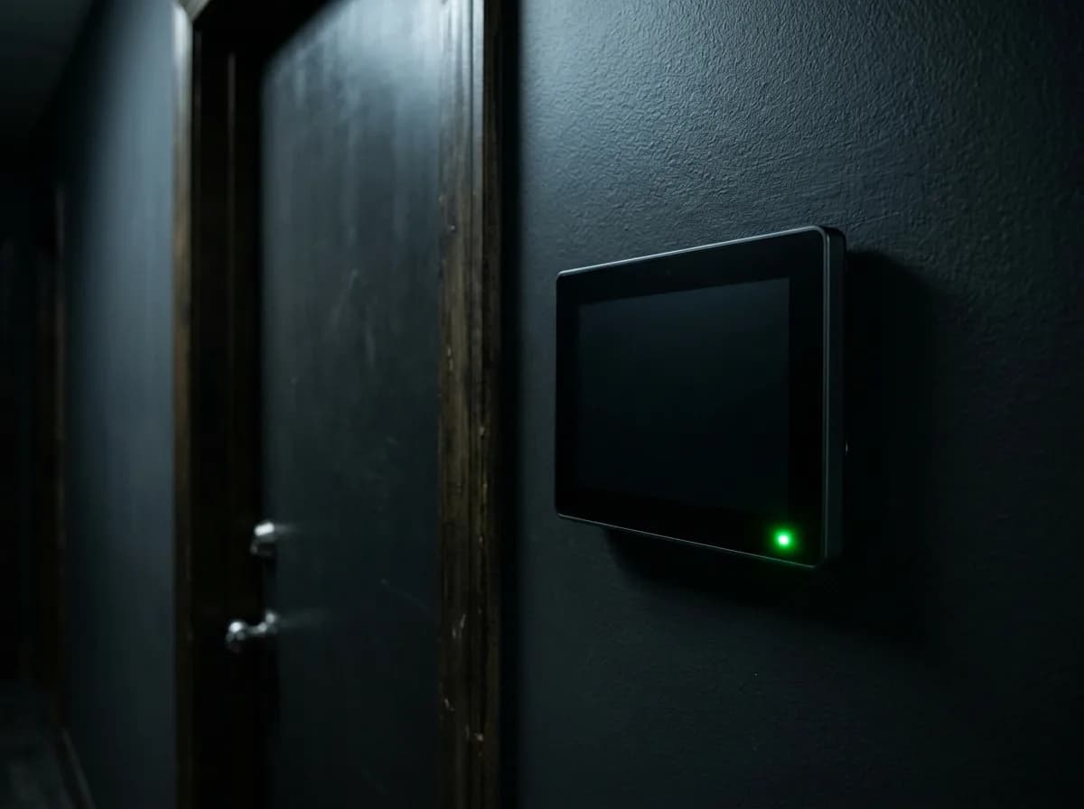 An alarm keypad mounted on an interior wall beside a doorway, its standby light lit