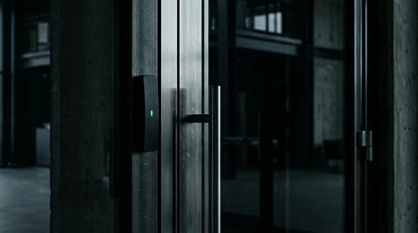 A card reader mounted beside a commercial glass door in a dark lobby