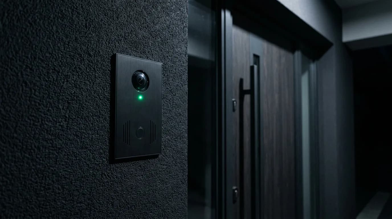 A video intercom panel mounted beside a front entry at night