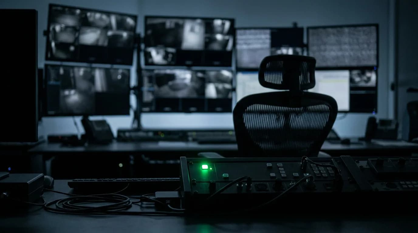 A monitoring control room at night with dimmed screens and a lit telemetry indicator